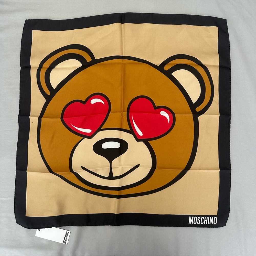 MOSCHINO TEDDY BEAR HEARTS IN THE EYES SILK SCARF